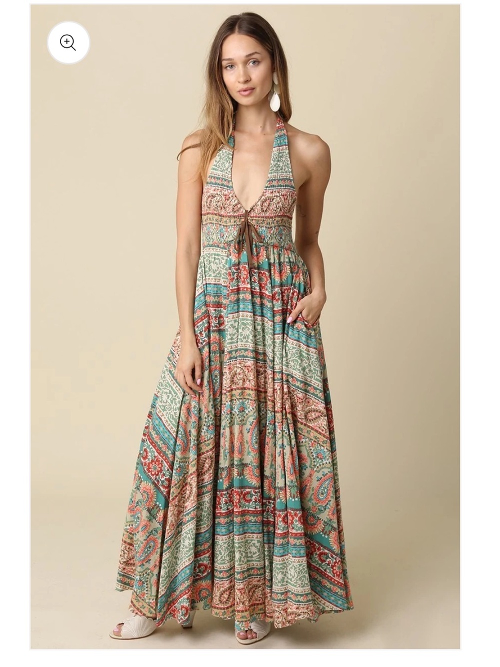 Bohemian Halter Maxi Dress in Teal and Coral